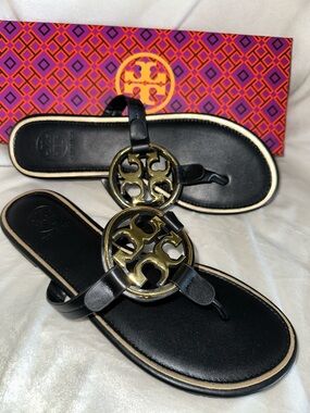 Tory Burch Black Leather Sandals with Gold Logo Medallion